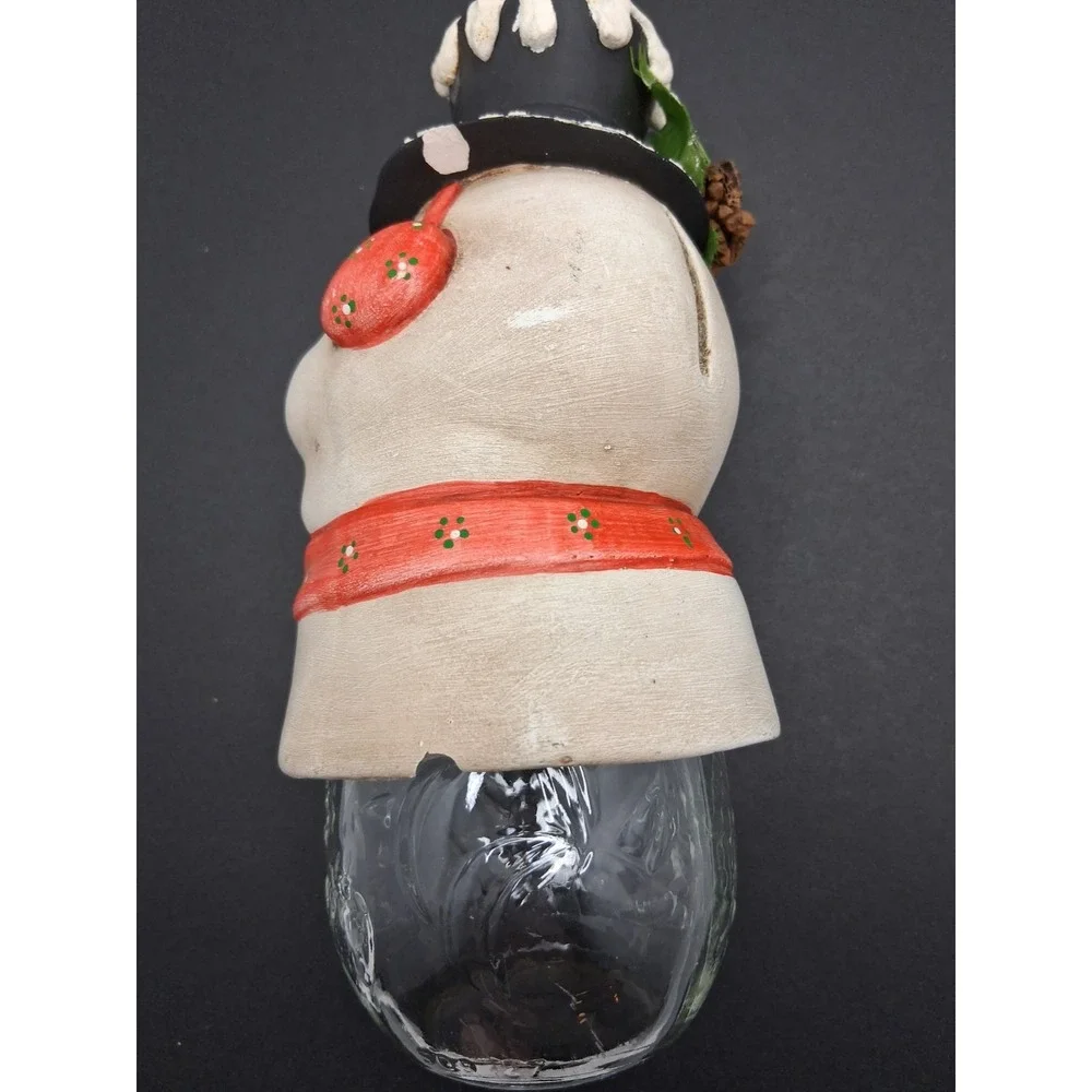 Vintage Snowman Glass Candy Jar Bank Christmas Decor Hand Painted